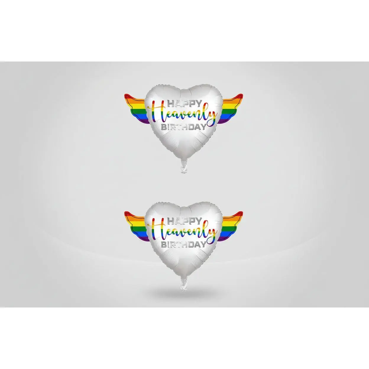 Happy Heavenly Birthday Memorial Balloon 17" – Heart with Rainbow Angel Wings | 2-Pack | Multicolor Script