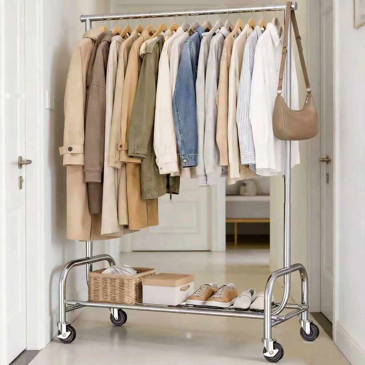 Heavy Duty Clothes Rack Load 450 LBS, Metal Garment Rack, Standing Rolling Clothing Rack for Hanging Clothes with Sturdy Wheels & Shelves, Portable Closet Wardrobe Rack,Sliver Clothes Rack with Wheels, Heavy Duty Adjustable Height Garment Rack