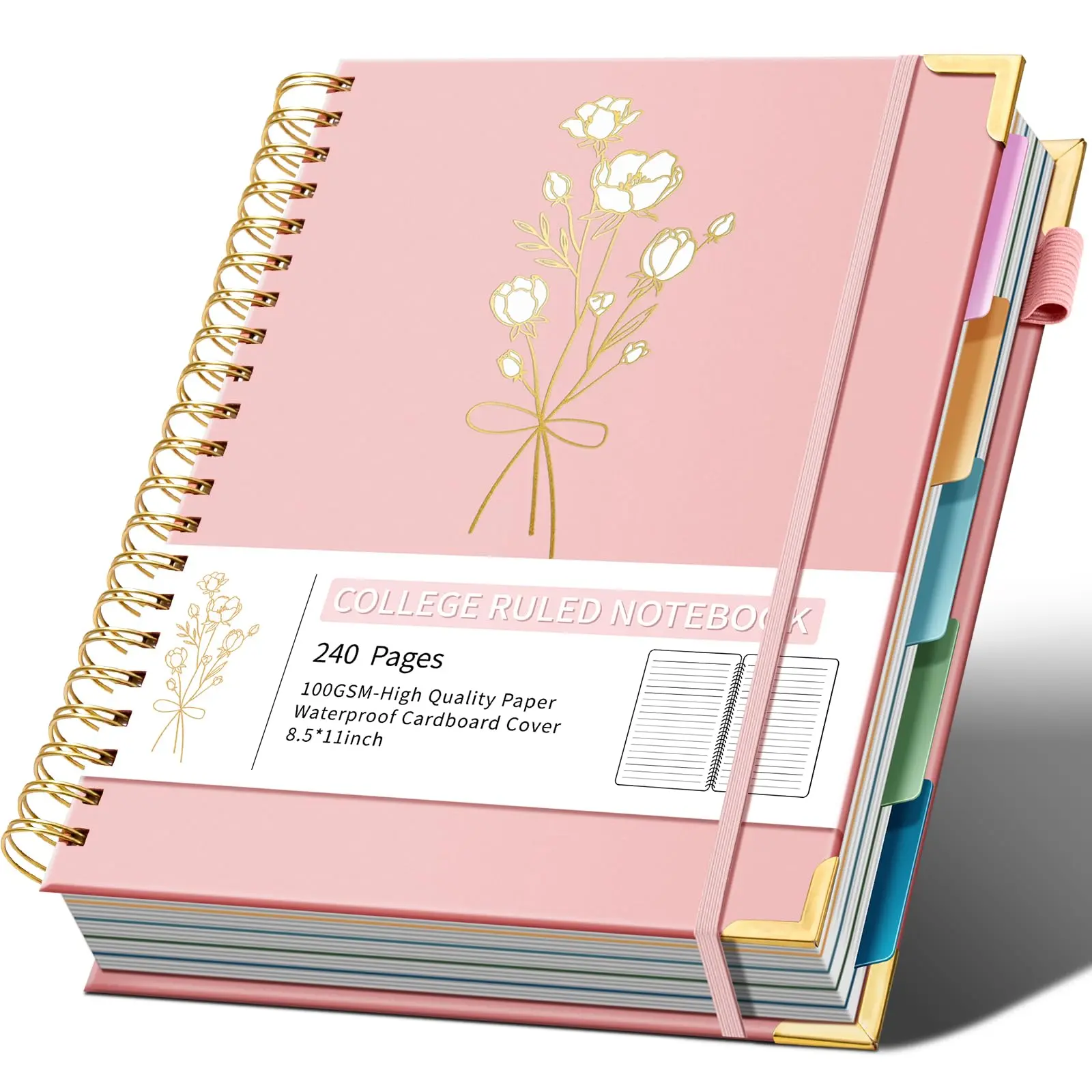 Hardcover Spiral Note Taking 5 Subject Notebook College Ruled with Dividers 240 Pages 100GSM Aesthetic Spiral Notebook for Work School Cute Journals for Women Writing