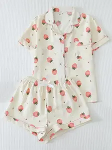 Women's Cute Strawberry Print Top & Shorts Pyjama Two-piece Set, Casual Comfy Short Sleeve Top & Shorts Pj Set, Ladies Summer Sleepwear Pajamas Loungewear, Soft Sleepwear Loungewear