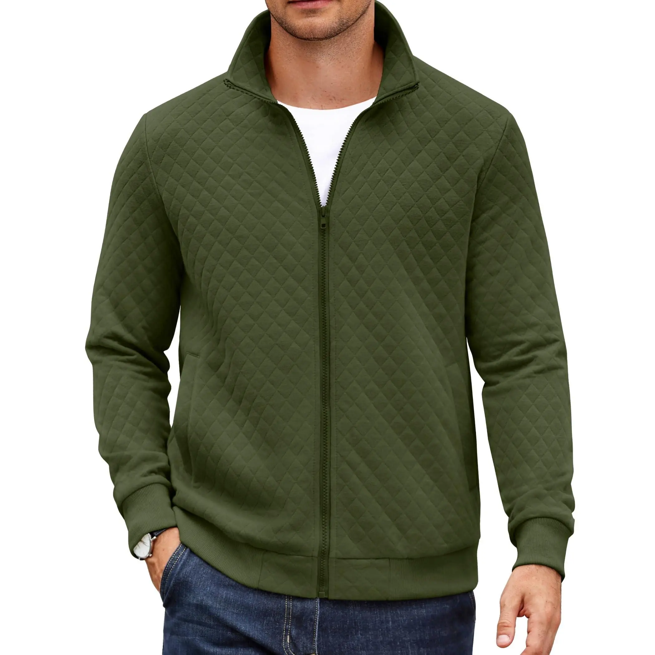 COOFANDY Menswear Mock Neck Zip-Up Sweatshirt - Quilted, Ribbed, Lightweight Casual Jacket with Pocket, Spandex Fabric Mens Top, Tops, Coats, Long Sleeve, Layer, Zipper, Breathable, 2 Angled Pockets, Basic, Business, Easy-Care, Polyester, Jogging, Work