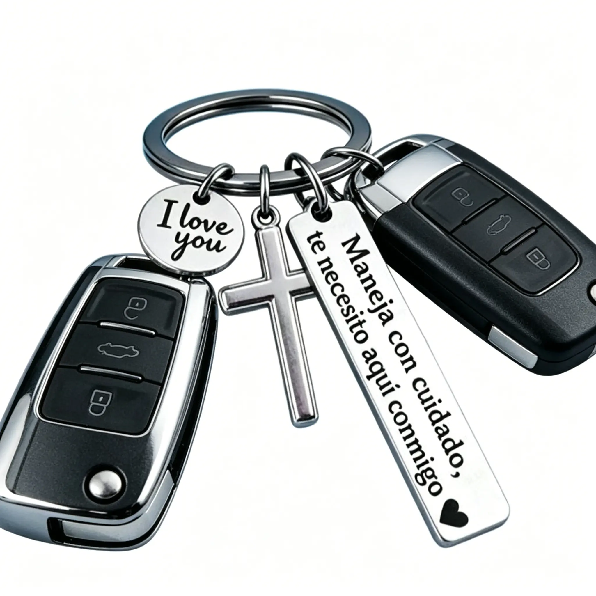 Stainless Steel Spanish Drive Safe Keychain - Christian Symbol, Metal Body, Rectangular Charm Keyring, Romantic Religious Gift for Him/Her, Car Accessory, Christian Symbol Keychains, Metal Body Keychains