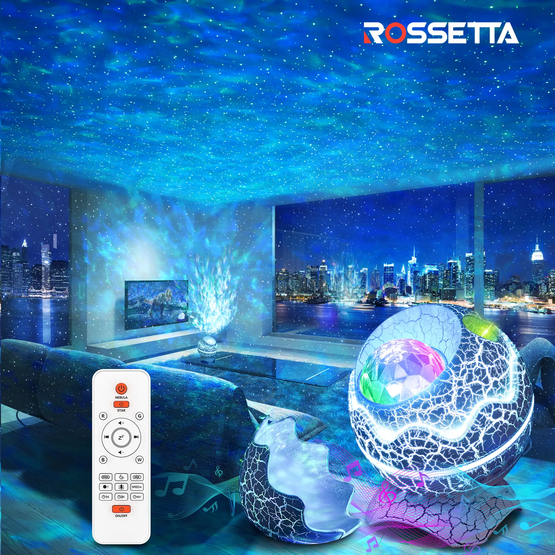 Rossetta Star Projector - Plastic Galaxy Night Light with Remote Control, Bluetooth Speaker, White Noise, Speed Adjustment, Space-Themed Design for Kids Bedroom, Christmas Decor, Meditation Gift Ideas, Party Lights