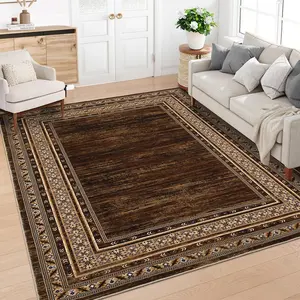 5x7 Washable Area Rug for Living Room, Modern Geometric Bordered Carpet for Bedroom, Dining Room & Home Office Decor (Red Brown)