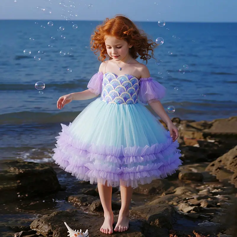 Mermaid Princess Dress for 2-7Y Girls, Off Shoulder Tulle Dress with Sequins, Kids Birthday Party Dress 25622