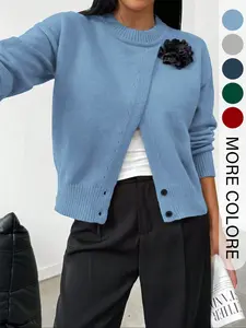 Women's Casual Knit Pullover Sweater, Round Neck Long Sleeve Button Front Split Design, Fall & Winter Fashion