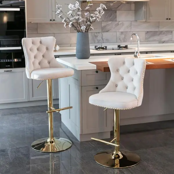 Bar Stools Set of 2, Swivel Adjustable Counter Height Velvet Upholstered Barstools with Nailheads Trim, Button Tufted Back and Metal Footrest, Bar Chairs for Dining Room Home Bar Kitchen