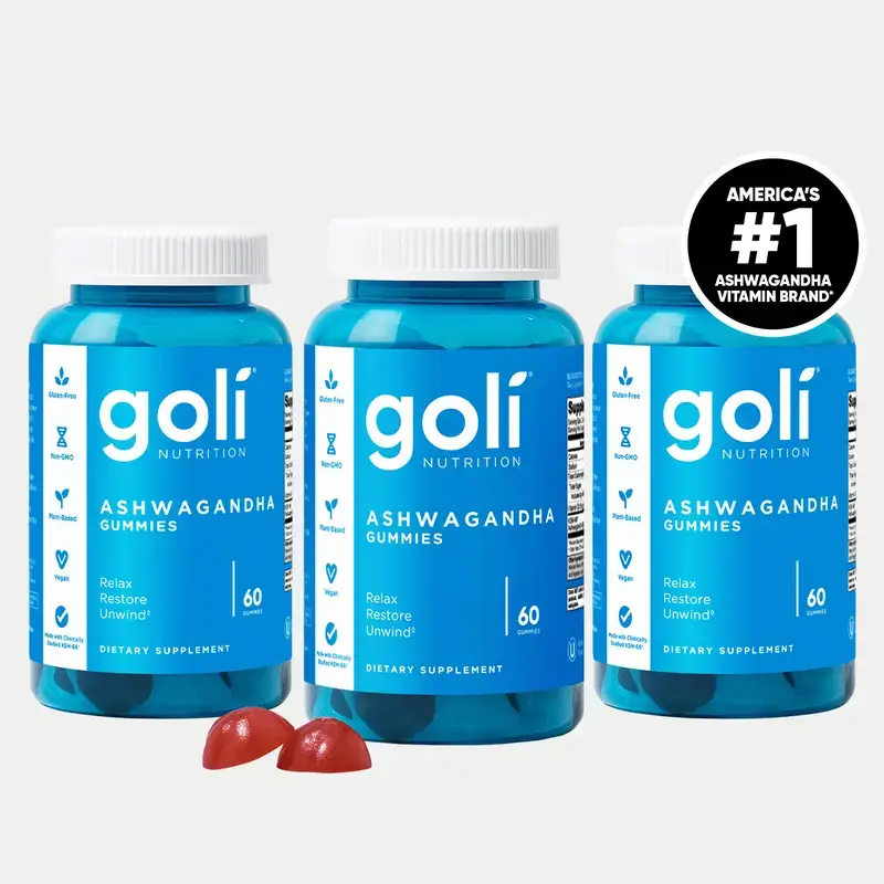 Goli Ashwagandha & Vitamin D Gummies 3‑Pack, Mixed Berry Flavor, KSM‑66, Vegan Plant‑Based, Non‑GMO, Gluten & Gelatin‑Free