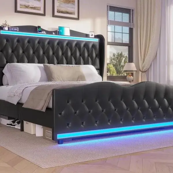 Queen Size Platform Bed Frame with Wingback Headboard Upholstered Solid Wood Bed