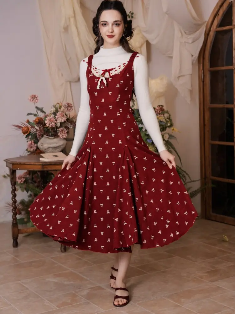 Strawberry Retro News Dress-LuminaVenus Dresses  Strawberry Vintage Dress Sweet French Midi Bow Detail Dress Cottagecore Strawberry dress Retro French strap dress Casual Elegant Flowy Feminine Womenswear Birthday Vacation Party Long dress Sleeveless