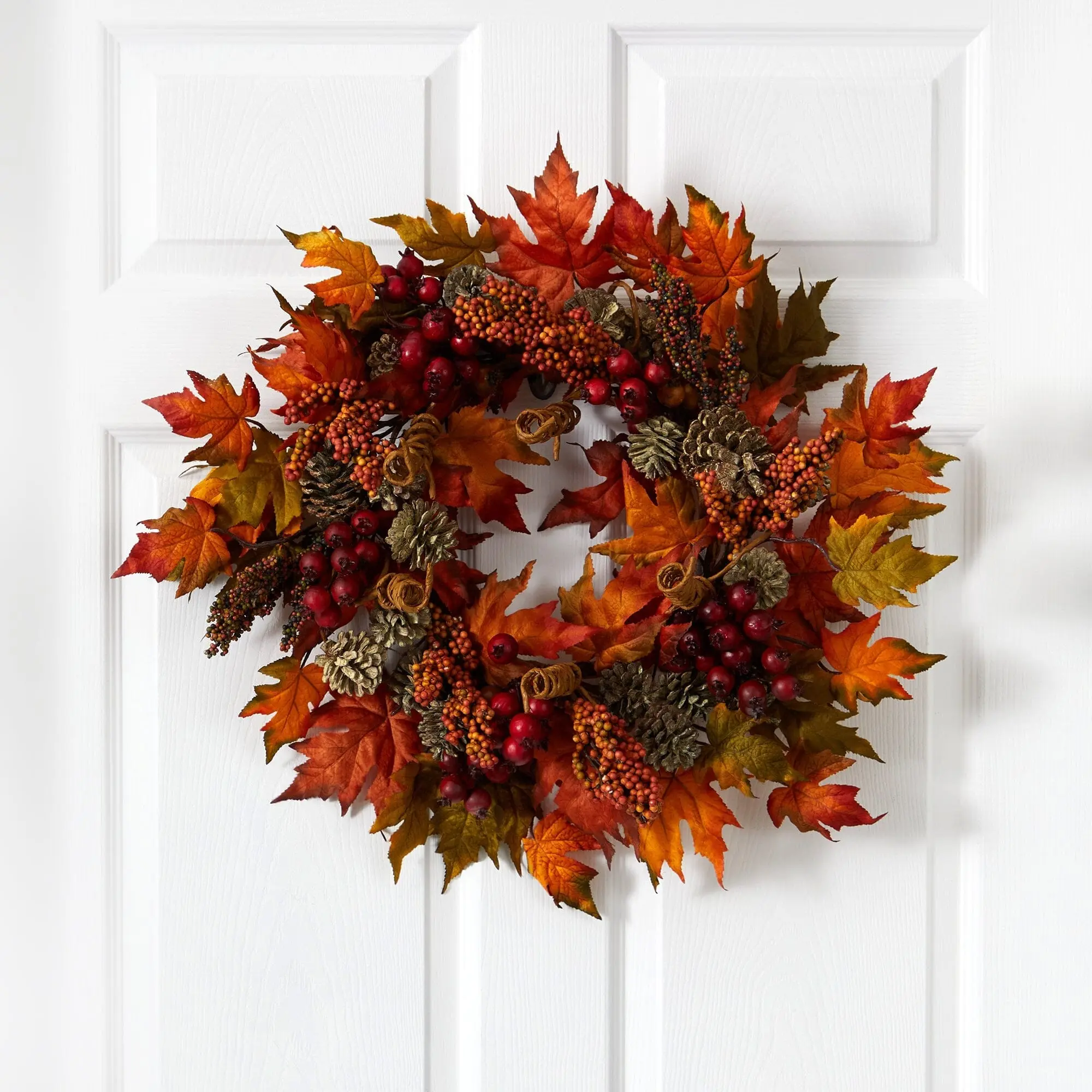 24in Full Diameter Christmas Traditional Maple Leaf & Berry Mix Wreath - Long-Lasting Festive Home Decoration with Ornaments for Holiday Use, Maple Leaves