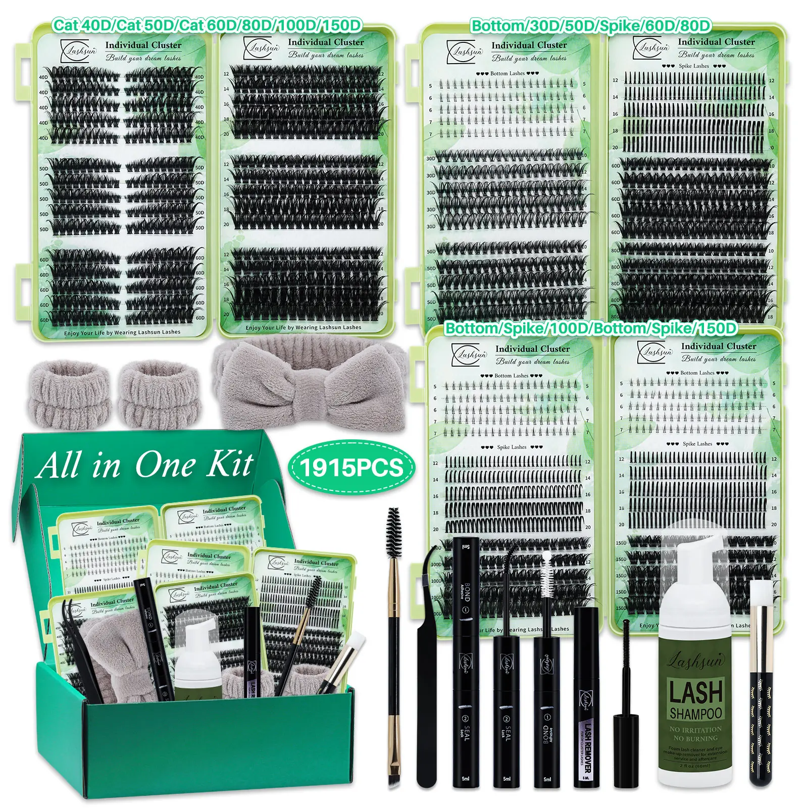 1915 Pcs Lash Set, Eyelashes Extensions Kit, Lashes Extension Set, D Curl 11 Styles Cat/Volume/Bottom Lashes Kit with Bond&Seal Remover Brush Tweezers, Perfect for Beginners&Proficient, DIY at Home, Eyelash Cluster