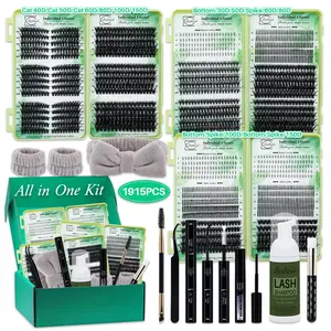 1915 PCS D-Curl Lash Clusters Kit, 11 Styles Cat Volume Spikes and Bottom Lashes Book with Bond and Seal, Remover, Brush, Applicator, Headband, Wristband and Lash Shampoo