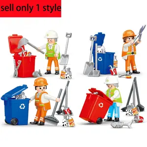 1 Pack Plastic Building Block Sanitation Worker Theme Mini Figures Set – Includes Trash Bin, Sanitation Motorcycle, Street Sweeper Truck, Rescue Vehicle & Cleaning Equipment – Creative Gift for Friends for Birthday, Christmas, Halloween or Any Occasion
