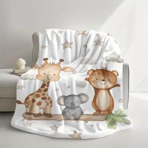 Watercolor Safari Animals Flannel Baby Blanket - Soft Cozy Plush Throw with Giraffe, Bear, Elephant, Star, Cloud Print, Warm Fuzzy Nursery Crib Blanket, Perfect Baby Shower Gift for Newborns, Home Decor