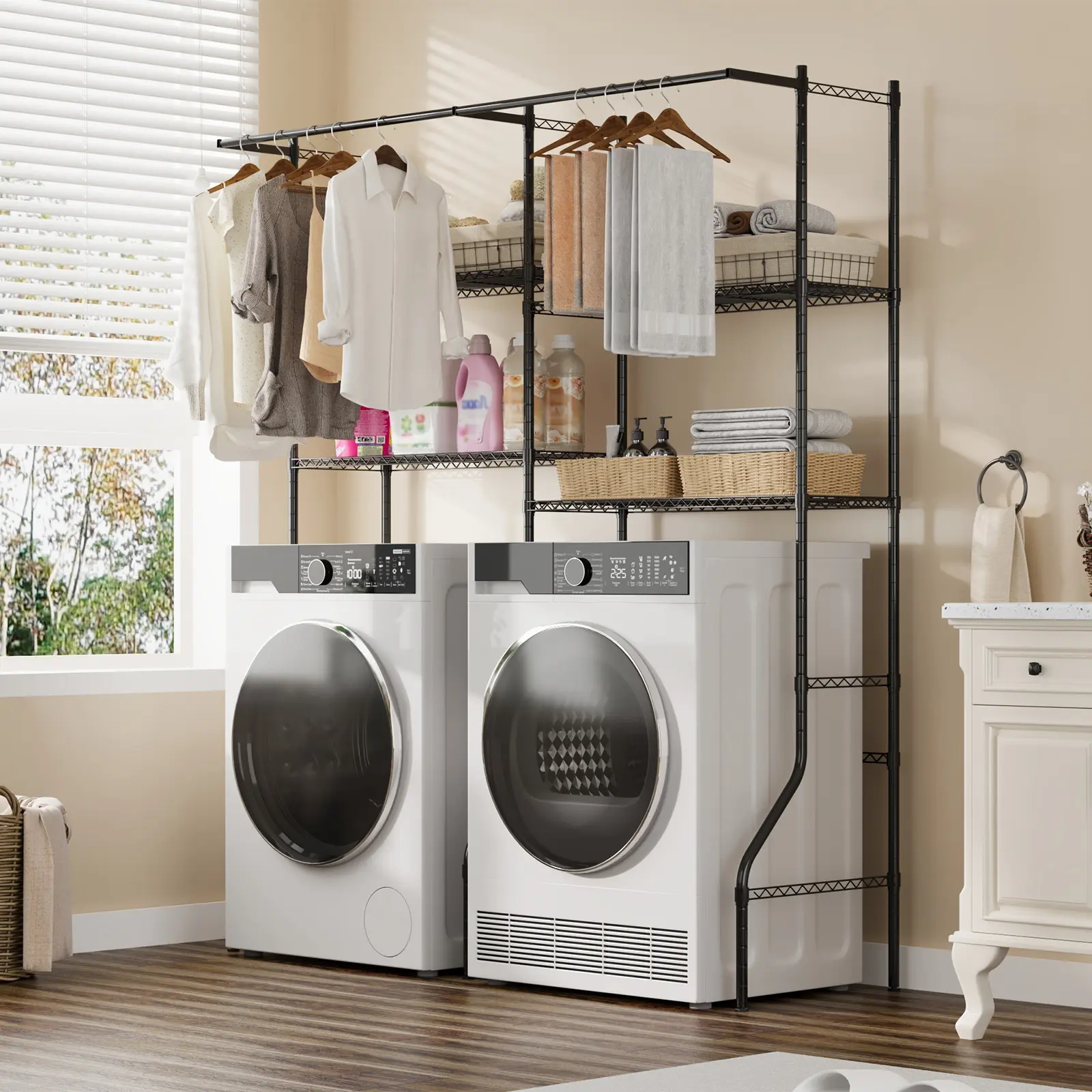 Over Washer and Dryer Storage Shelf, Adjustable 4-Tier Laundry Organizer with Hanging Rods and Hooks for Laundry Room Space Saving