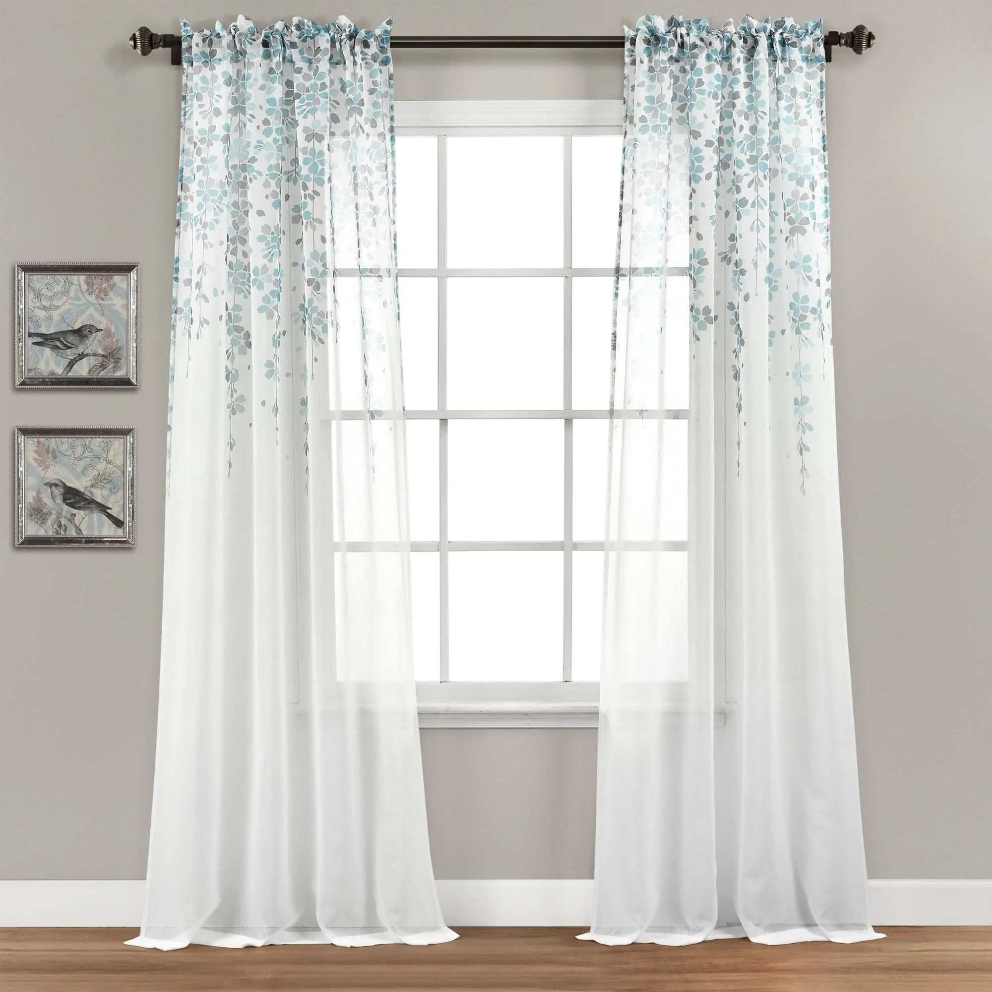 Lush Decor Weeping Flower Semi Sheer Window Drape Panel Set, 84"L x 38"W Floral Printed 100% Polyester, 3" Rod Pocket, No Lining, Floral Curtains for Bedroom Decor & Home Decoration Accessories, Curtains Floral