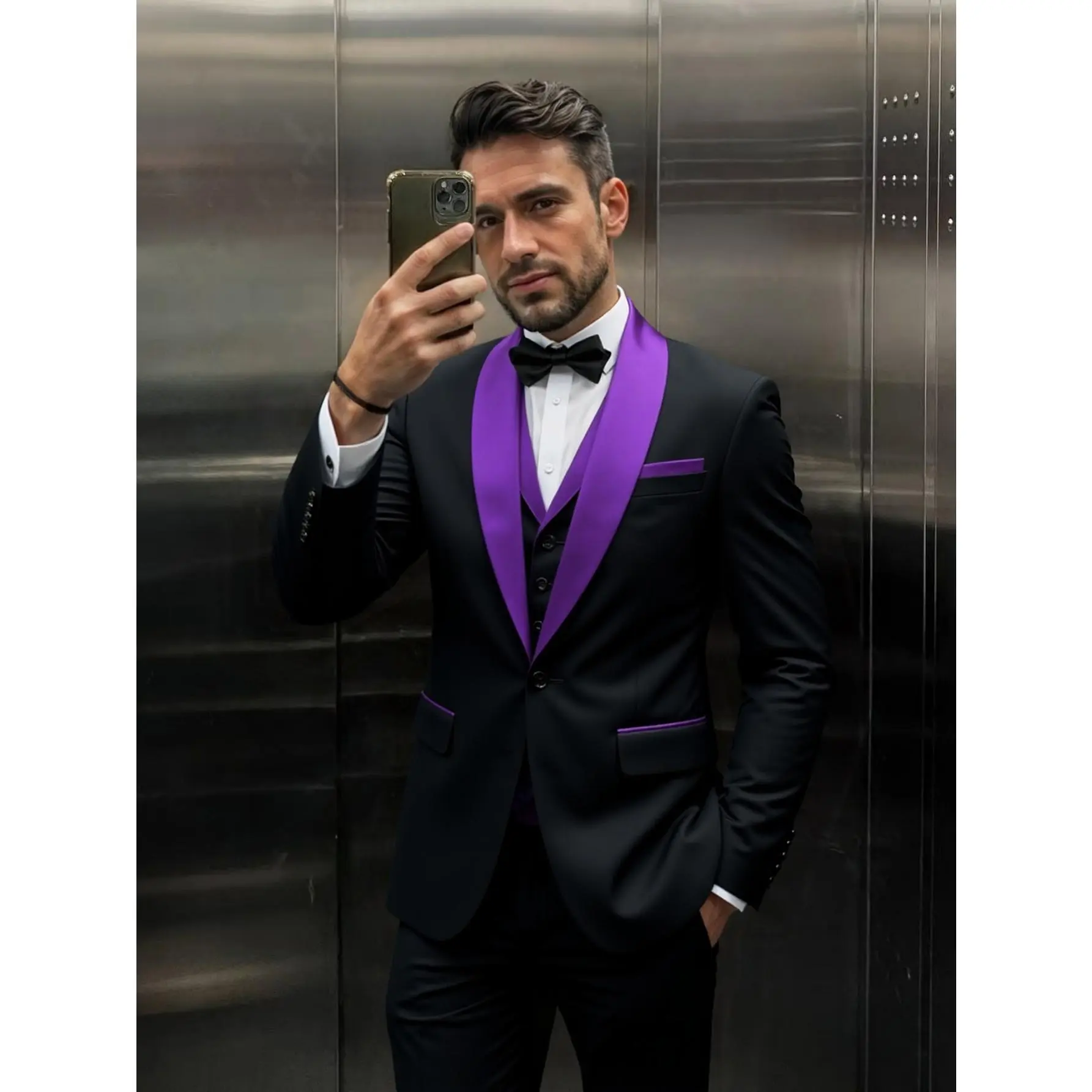 Men's Slim Fit 3-Piece Formal Suit Set - Smooth Polyester-Rayon Fabric Stylish Shawl Lapel Long Sleeve Blazer, Vest & Pants with Pockets for Weddings, Workwear, Wrinkle-Resistant Menswear Jacket