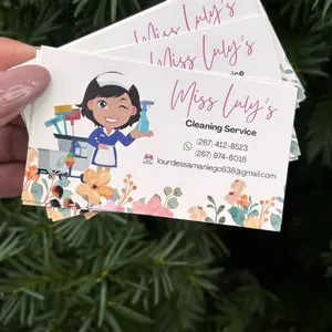 Cleaning Service Business Cards with Cartoon Character Design and Contact Information