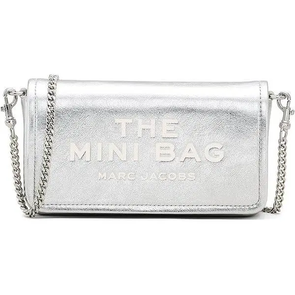 Women's Elegant Magnetic Crossbody Handbag - Marc Jacobs The Metallic Leather Chain Mini Bag with Card Slots, Debossed Logo, My Other Bag Design, Dustbag Included - Silver 2F4SMN006S02-040