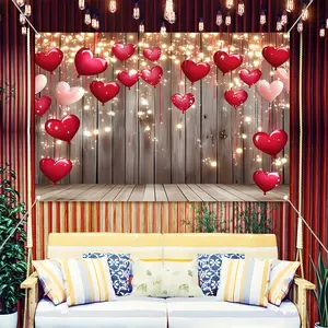 Romantic Love Backdrop Banner, Red Heart String Lights Wood Background, Durable Polyester Fabric Photo Booth Prop, Reusable Easy to Clean, Perfect for Valentine's Day Party, Wedding Proposal, Anniversary, Home Decor, Photo Shoot