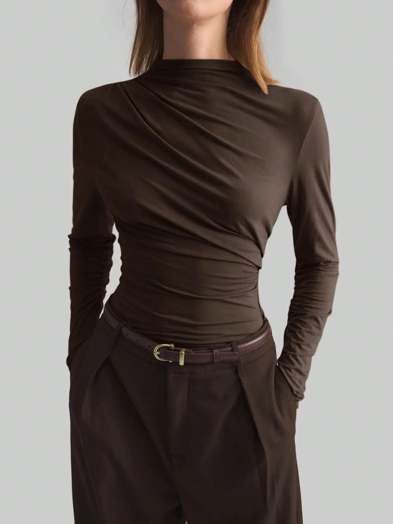 Women's Elegant Draped High Neck Long Sleeve Top, Soft Drape Fabric, Slim Fit Waistline, Casual Daily Wear, All Seasons