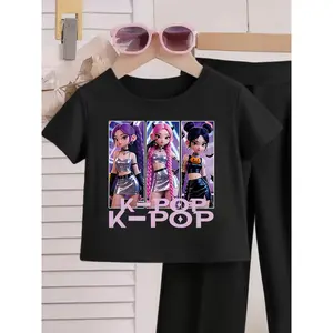1Girl Group Graphic Tee, Korean Fashion Tee, Trendy Stylish Girls' Printed T-Shirt, Casual Short Sleeve Tshirt, Letter Pattern Tshirt, Fun Pattern Daily Wear Tshirt (T-Shirt Solely, Pants Not Included)