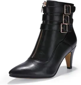IDIFU Women'S Pointed Toe Metal Buckle Two Strap Ankle Booties Side Zipper Kitten Heel Dress Classic Short Boots