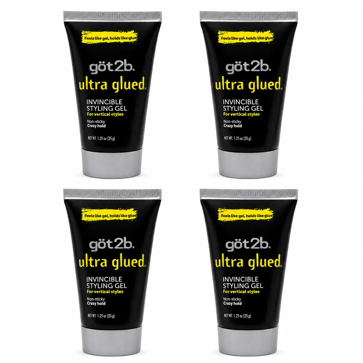 got2b Ultra Glued Invincible Styling Gel 1.25oz (Pack of 4) Strong Hold Hair Gel for Edges, Wigs & Sleek Styles | Non-Sticky No-Flake Formula