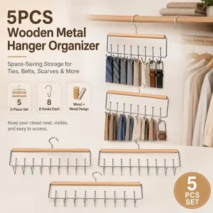 5 wall-mounted metal coat racks with vintage wooden design, featuring 8 hooks - perfect for hats, towels, straps, etc. - ideal for wardrobe, bedroom, and bathroom storage solutions (suitable for 10,000+ households) Wall Mounted Hanger.