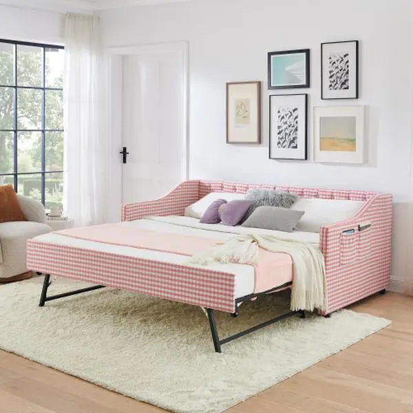 Bellemave Classic Twin-Size Upholstered 3-in-1 Convertible Floor Couch Daybed - Tufted Button Backrest, Pull-Out Bed, Side Storage, Assembly Required, Ideal for Children’s Bedroom Compact Spaces (Mattress Excluded)