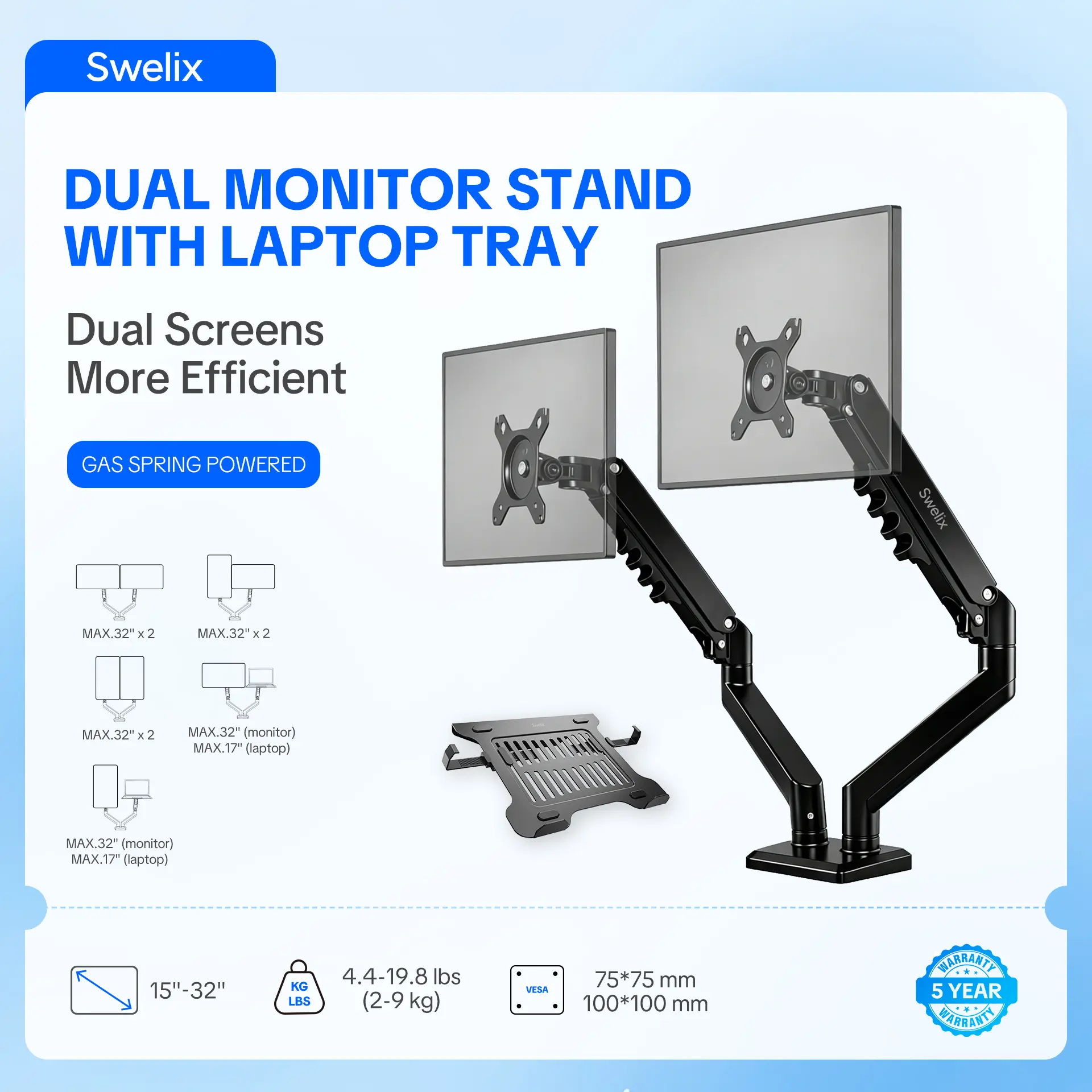 SWELIX DUAL MONITOR STAND WITH LAPTOP TRAY—Gas Spring Arm for 32", 19.8lbs Max, C-Clamp or Grommet, Gaming & Home Office, Dual Monitor Arms, Double Monitor Mount