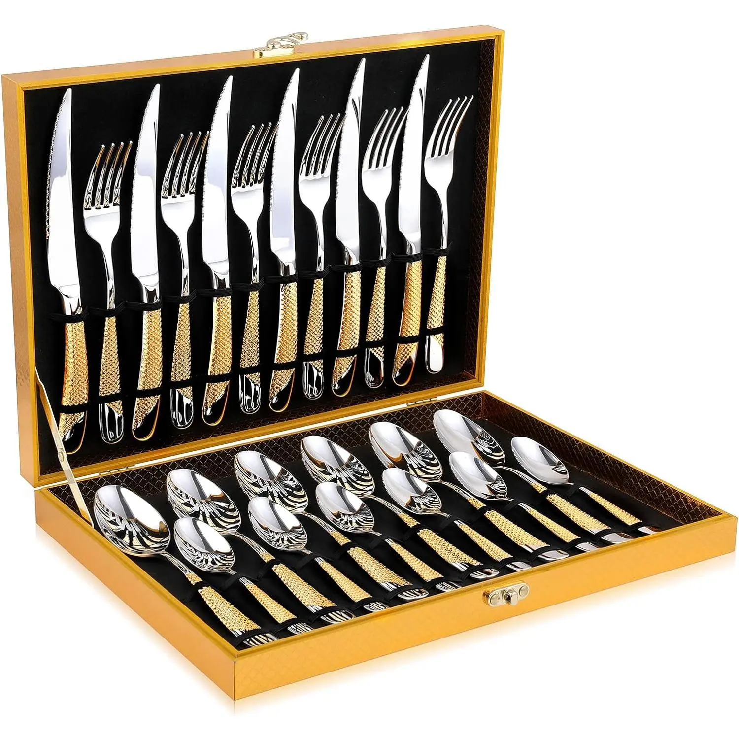 Hammered Silver-Gold Cutlery Set, 24-Piece 18/10 Stainless Steel Tableware Set, Service for 6 (Home & Festive Party Supplies, Gift-Ready)