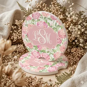 [BUY 2 SAVE 50%] Custom Monogram Car Coaster Set, Floral Hydrangea Drink Coaster, Personalized Initial Car Cup Holder Decor, Aesthetic Gift for Women
