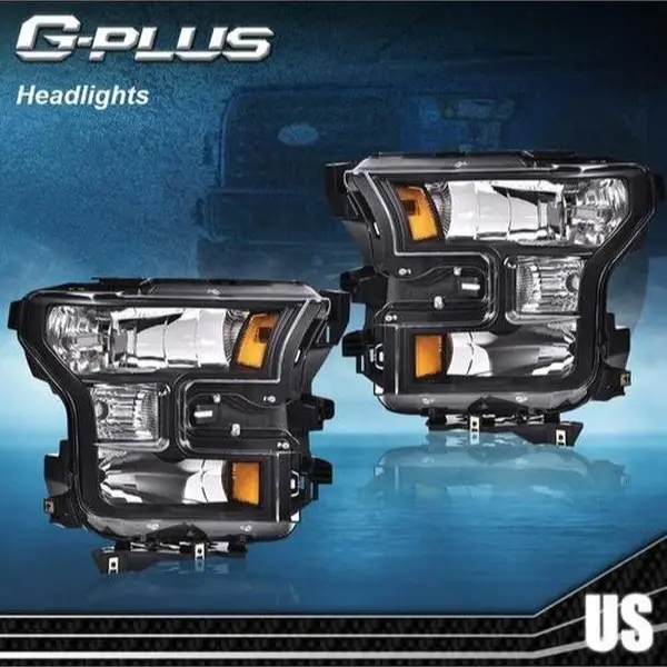 G-PLUS Headlight Kit, Black Housing Amber Corner Car Lights for 2015-2017 Ford F150, Pair of Headlamps