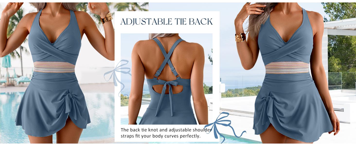 Women One Piece Swimsuit V Neck Swimdress Color Block Bathing Suit Skirt Tummy Control Tie Back Swim Dress