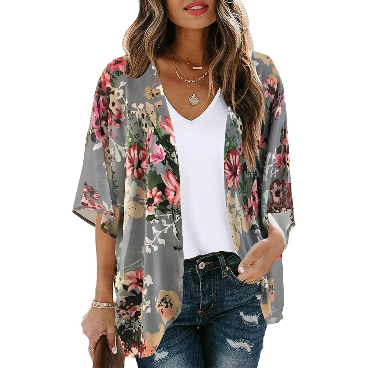 Women's Floral Print Puff Sleeve Kimono Cardigan Loose Cover Up Casual Blouse Tops 2026