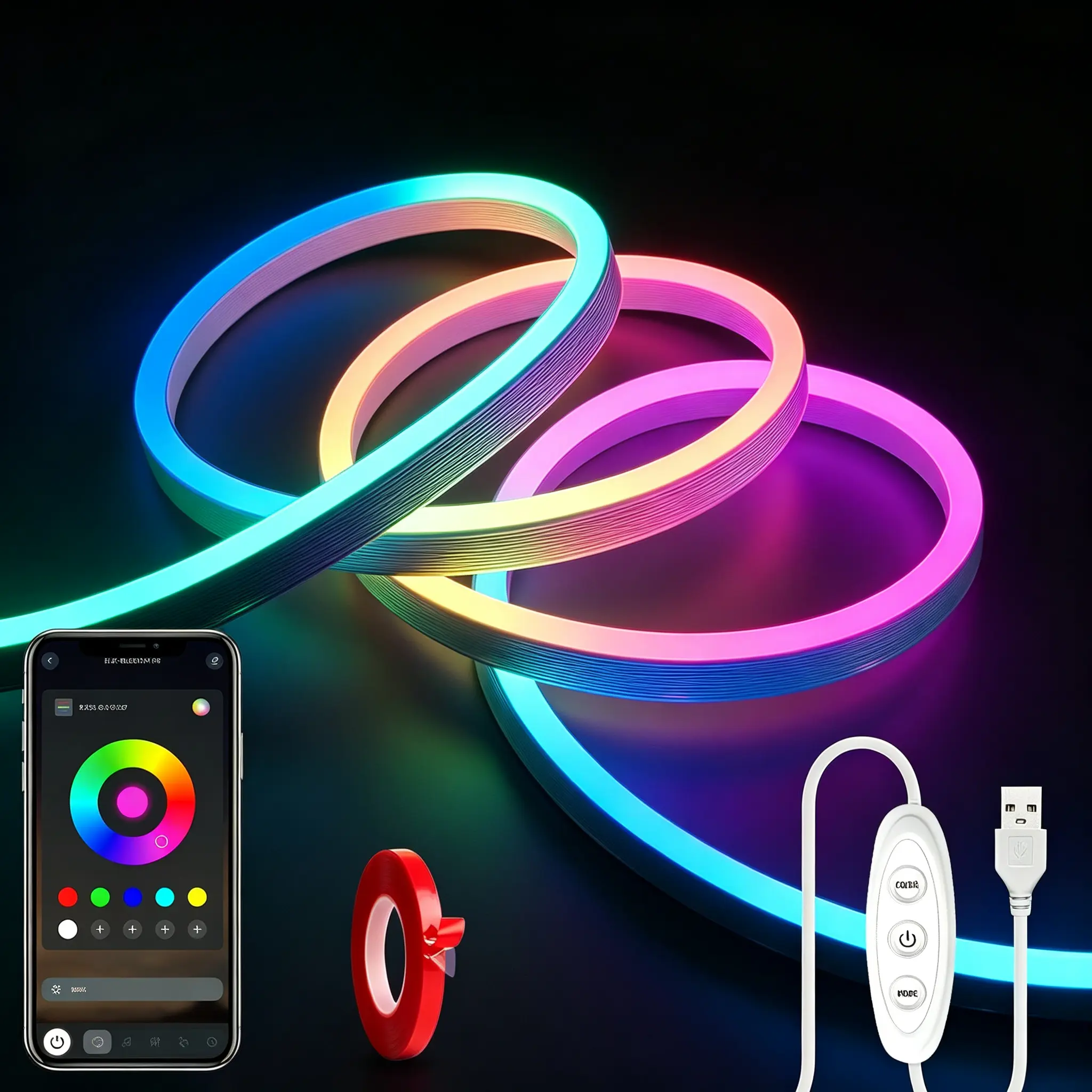 16.5FT RGB Neon Lights – USB-Powered, Music-Synced RGB Strip Lights with App Control, IP65 Waterproof – Perfect for Bedrooms, Cabinets, Kitchens & DIY Projects