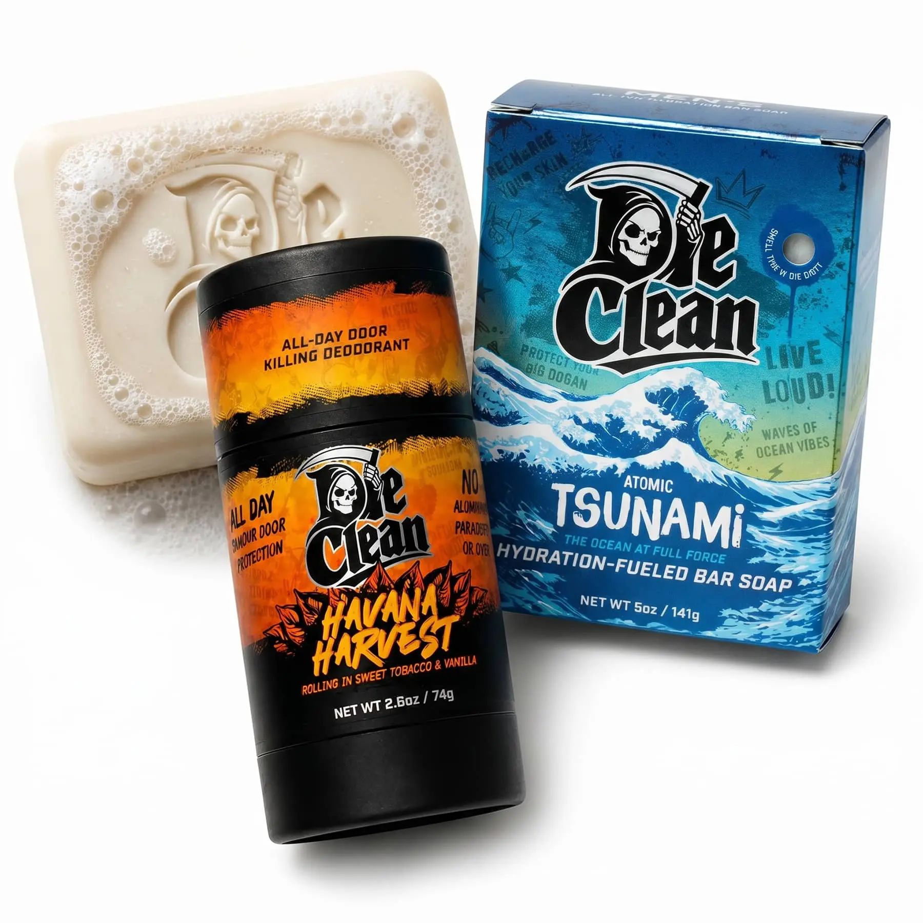 Die Clean | 2 Product Bundle | Deodorant + Soap | Havana Harvest | Tsunami | Fresh Scents | Smoky Scent | Smoky Vanilla