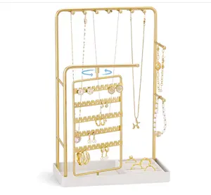 Jewelry Stand Holder Organizer, Jewelry Display Storage with Ring Tray, Rotating Earring Bracelet Necklace Holder, Valentine's Gifts Room Dorm Decor for Teen Girls -Gold (No-Assembly)