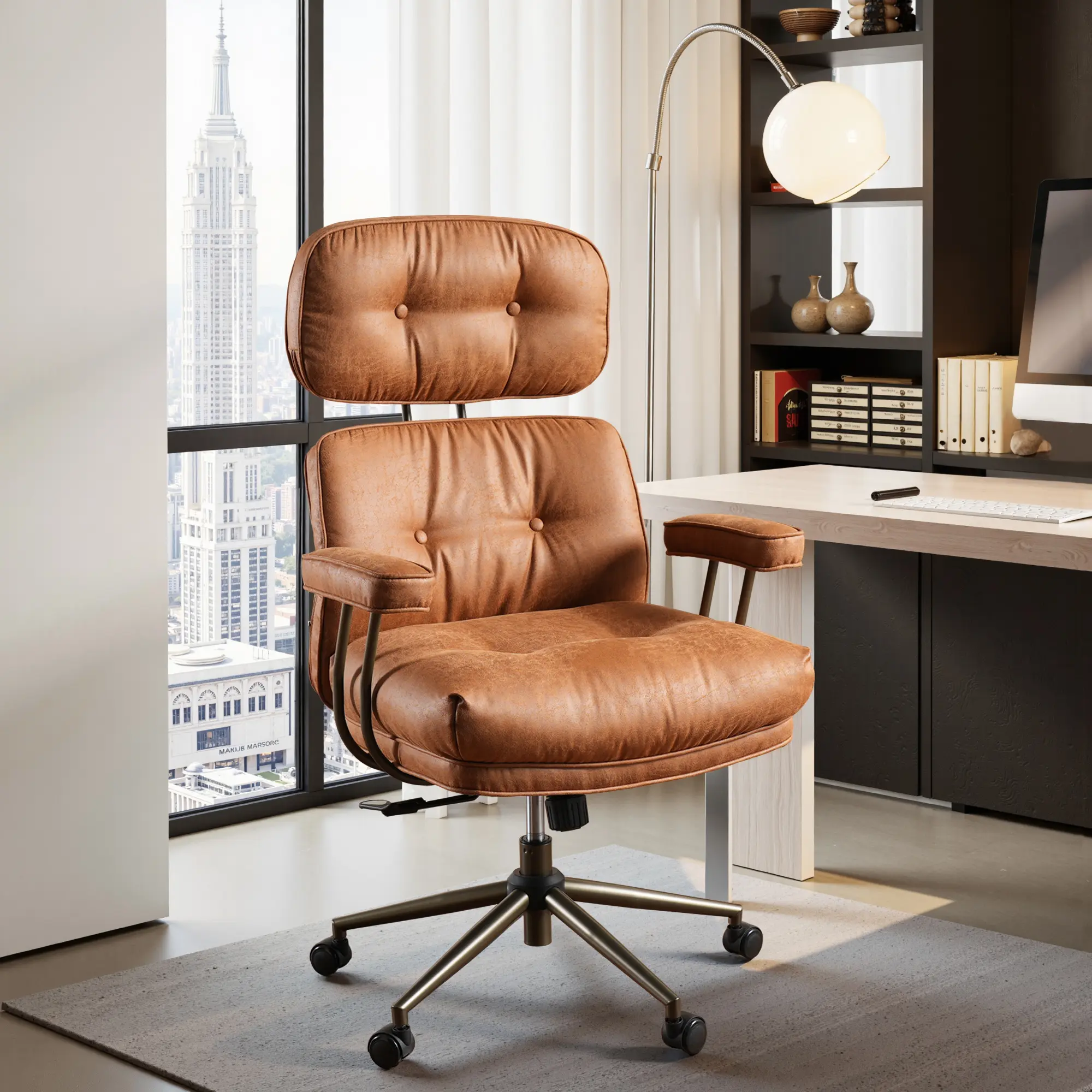 HOOOWOOO Spacious Oversize 24.7" Wide Seat 300LBS Super Heavy Duty Height Adjustable Criss Cross Chair with Wheels Tilt Mechanism Lumbar Support Mid-Century Modern Faux Leather Ergonomic Executive Chairs