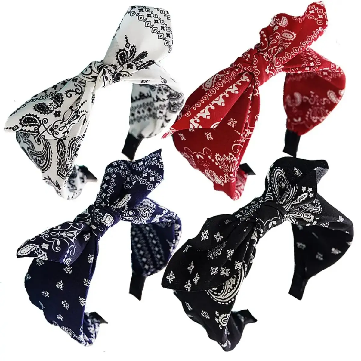 Women's Twilly Scarf & Headband Set, 4-Piece Mix Cute Knot Chiffon Accessories with Paisley Bandana Print for Hair & Bags, Casual Beach Style, Fabric, 4 Pieces