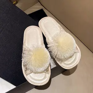 French-Style Satin High-End Women'S Indoor Home Slippers, New Chinese-Style Embroidered Home High-End Tassel Ball Sandals, Women Shoes