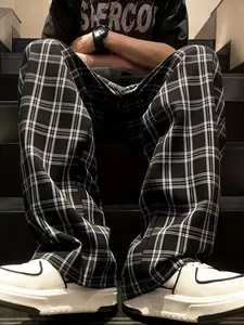 Men's Y2K Casual Fashion Gingham Loose Wide Leg Pants, Vintage Worn Look Checkered Long Pants, Casual Comfortable Streetwear, Casual Fashion Trousers