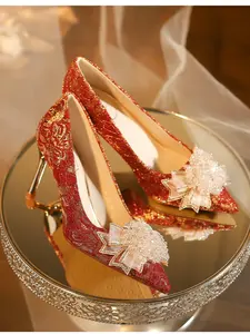 New Fashion Embroidered Rhinestone Flower High Heel Wedding Shoes, Elegant Pointed Toe Bridal Shoes, Comfortable All Season