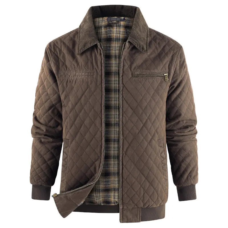 Zaitun Men's Quilted Cotton Jacket, Long Sleeve Casual Outerwear with Checked Plaid Lining, Classic Collar & Zipper Pockets, Menswear, Tops