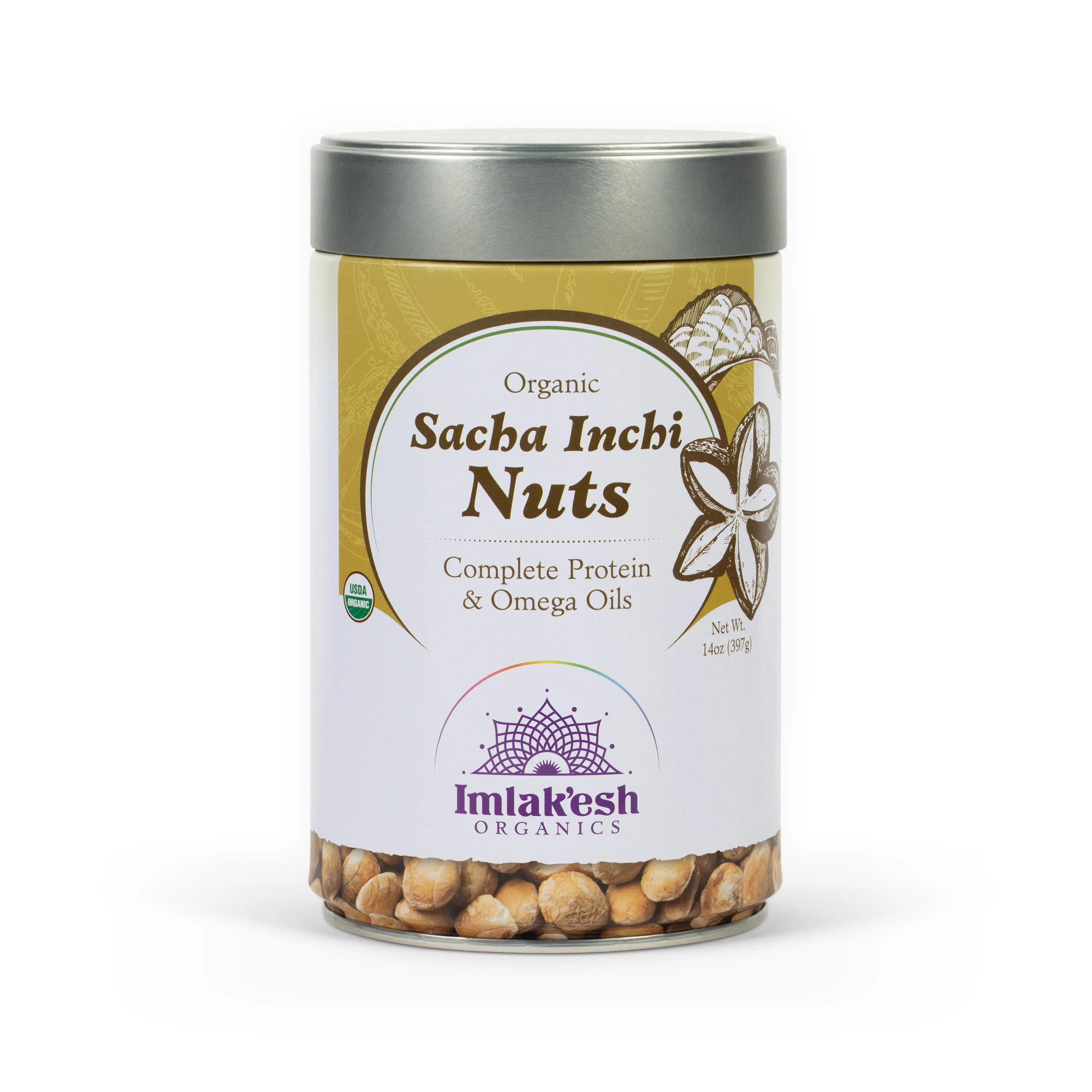 Imlakesh Organics Sacha Inchi Nuts, 14oz (Metal Jar)
