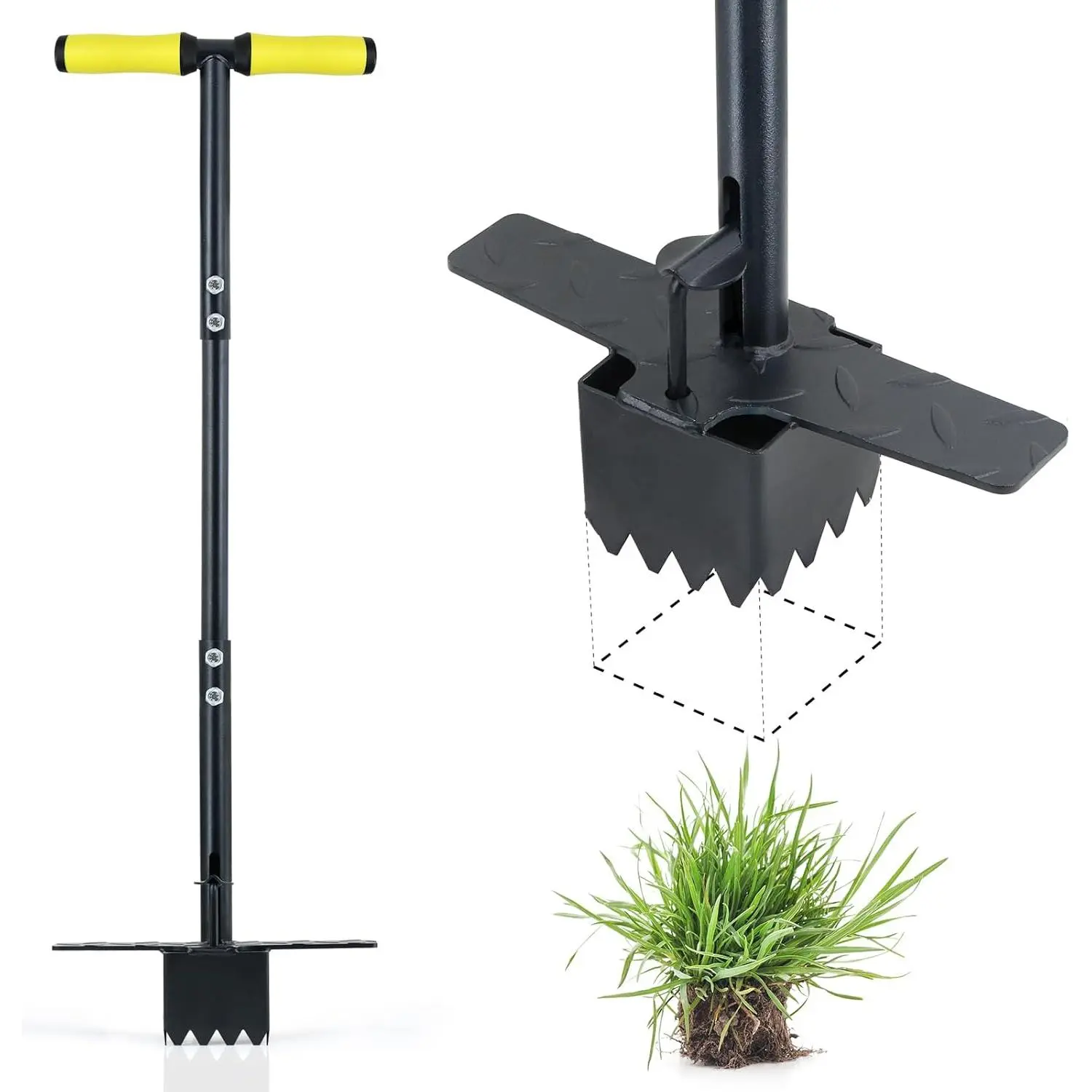 Sod Plugger Tool Grass Plug Tool 3 x 3 Square with Serrated Base, Bulb Planter Tool Long Handle with Dual Pedals & Easy Foot Ejector, Sod Turf Cutter for Lawn Planting Grass Repair