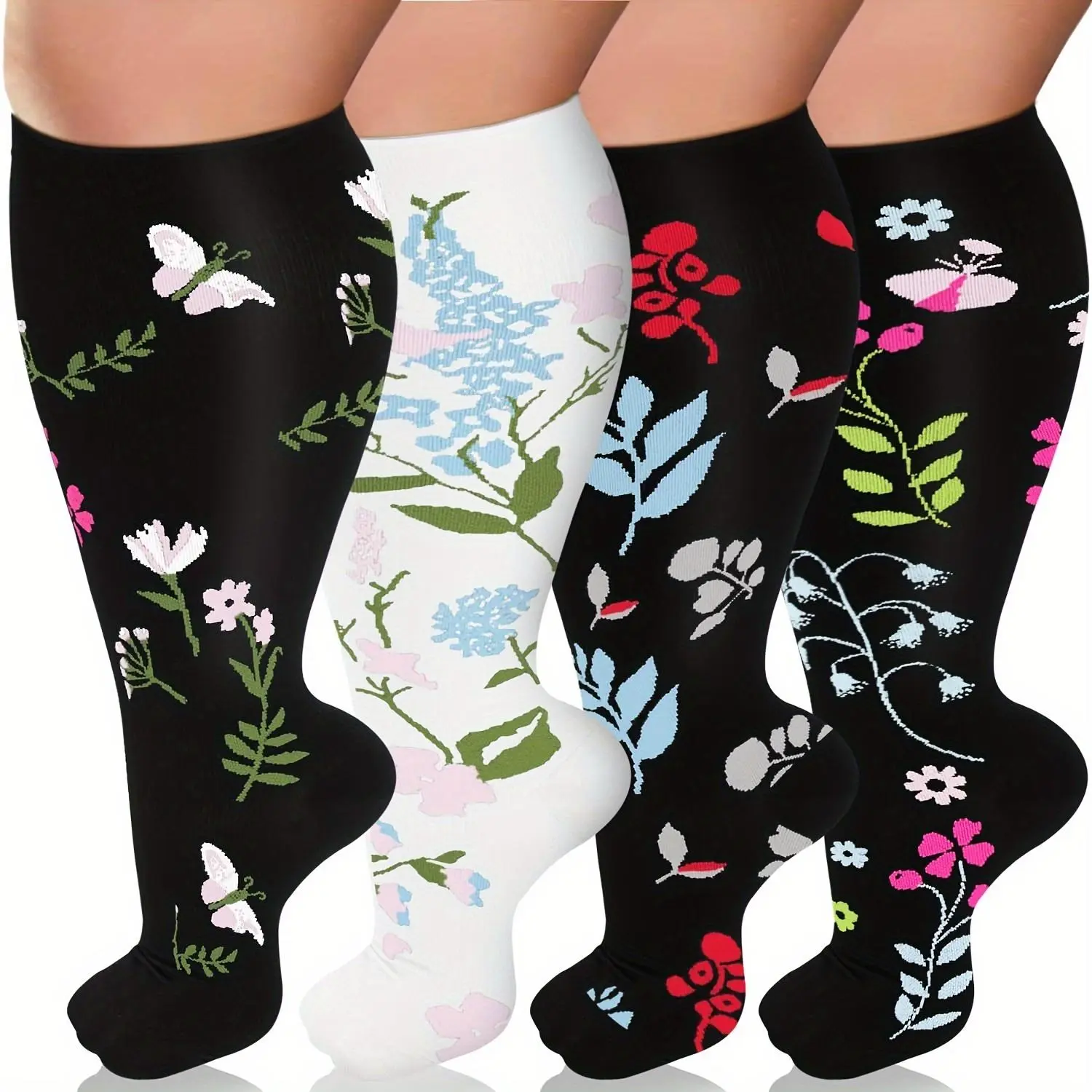4 pcs Plus Size Compression Socks for Men and Women Wide Calf Support Floral Pattern Soft Nylon Spandex Knit Fabric Womenwear Leg Seamless Woven Fit Overall Casual Womenswear