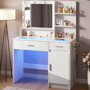 39" LED Vanity Desk with Mirror & Lights – Tempered Glass Top, 2 RGB Drawers & Built-in Power Outlet Vanitydesk